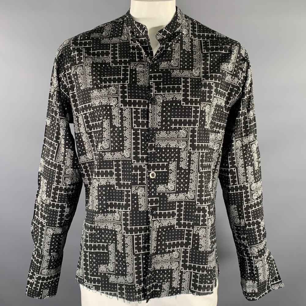 GREG LAUREN Size L Black White Bandana Cotton Band Collar Long Sleeve Shirt